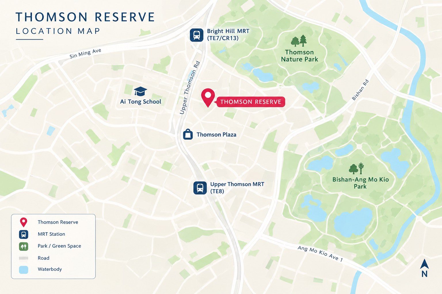 Location map of Thomson Reserve showing Bright Hill MRT, Upper Thomson MRT, Thomson Plaza, Ai Tong School and nearby parks