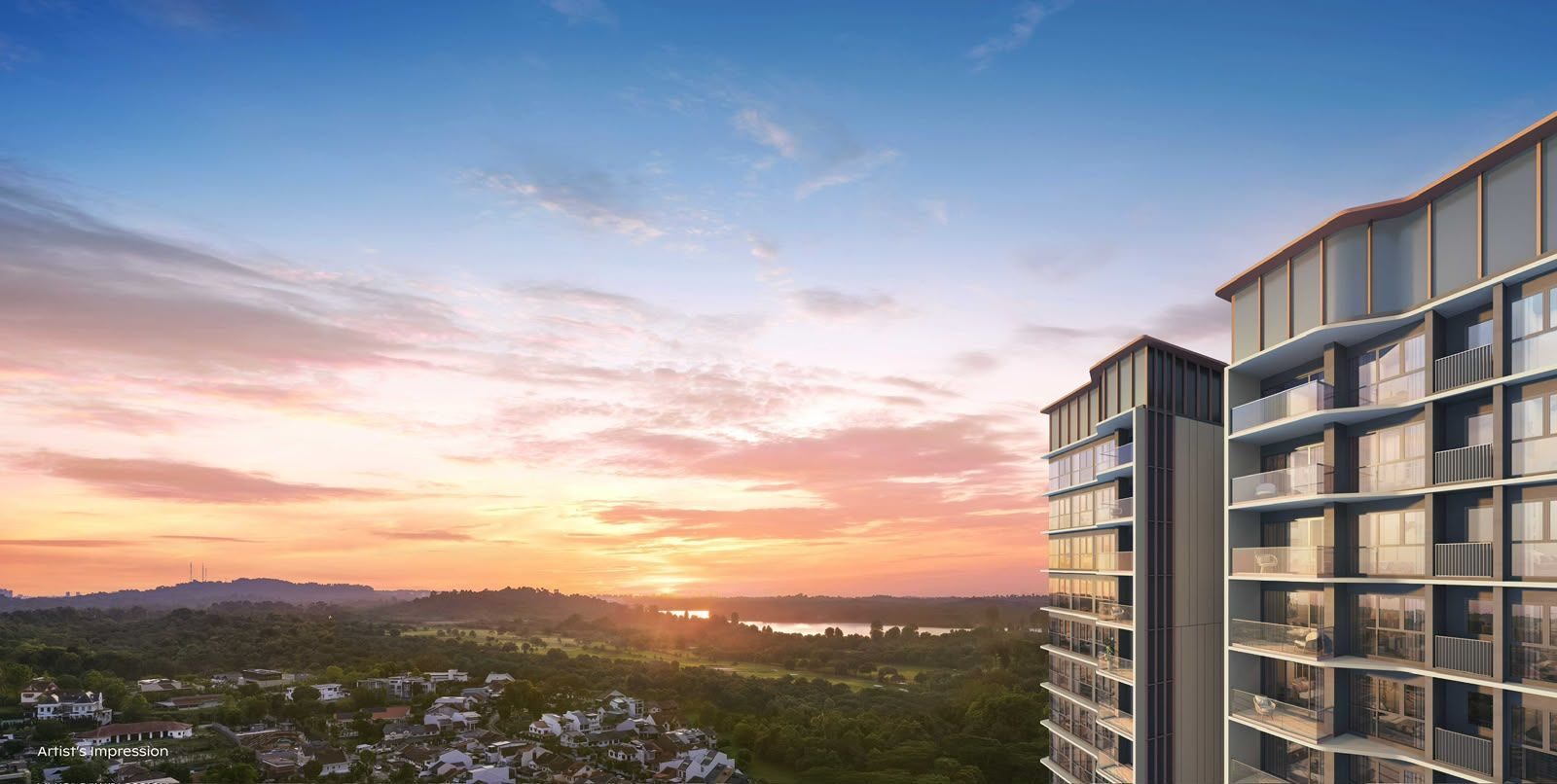 Artist's impression of the view from a Thomson Reserve tower across the treetops at sunset