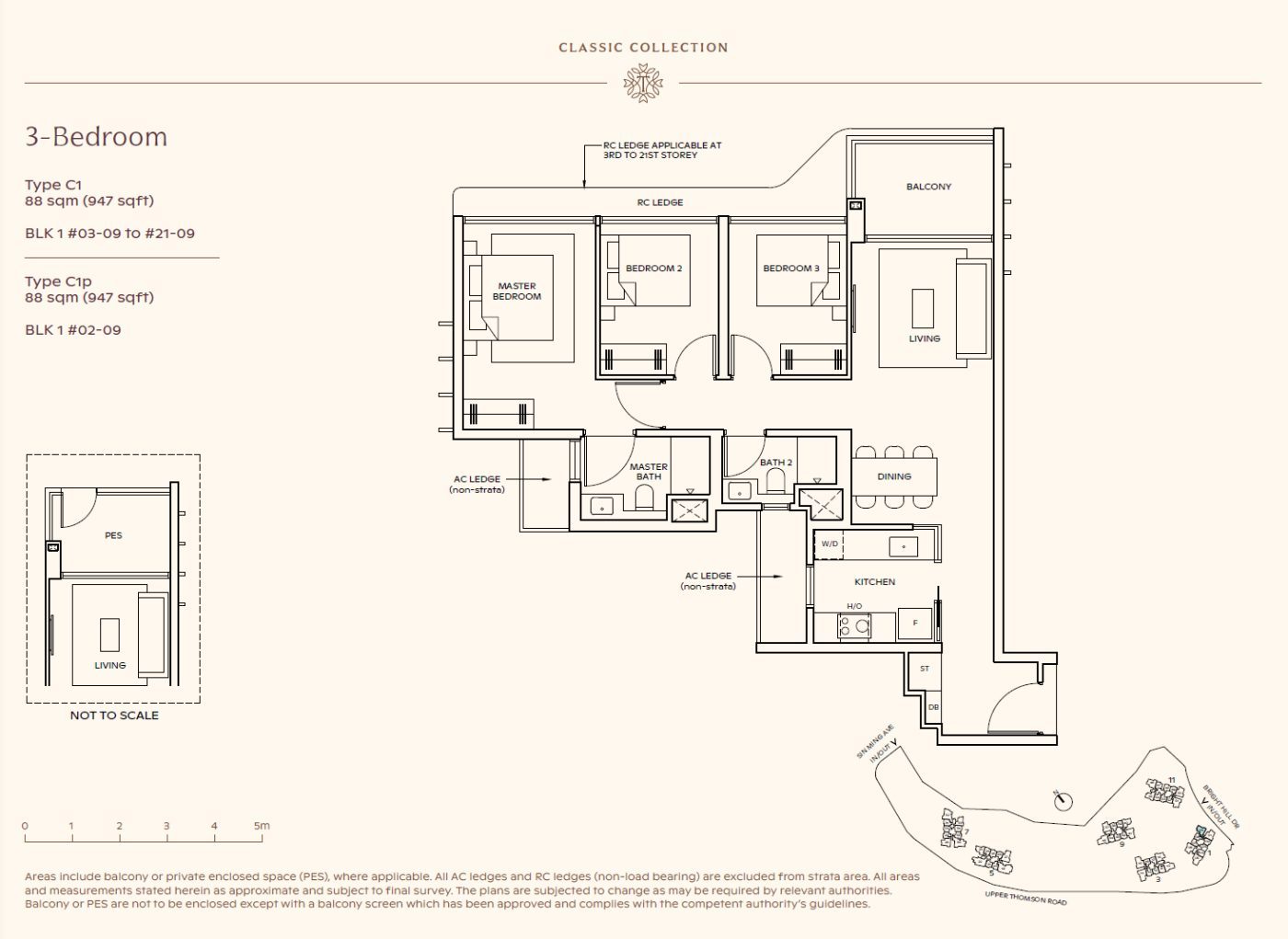 Floor plan, 3 Bedroom Type C1, 947 sq ft