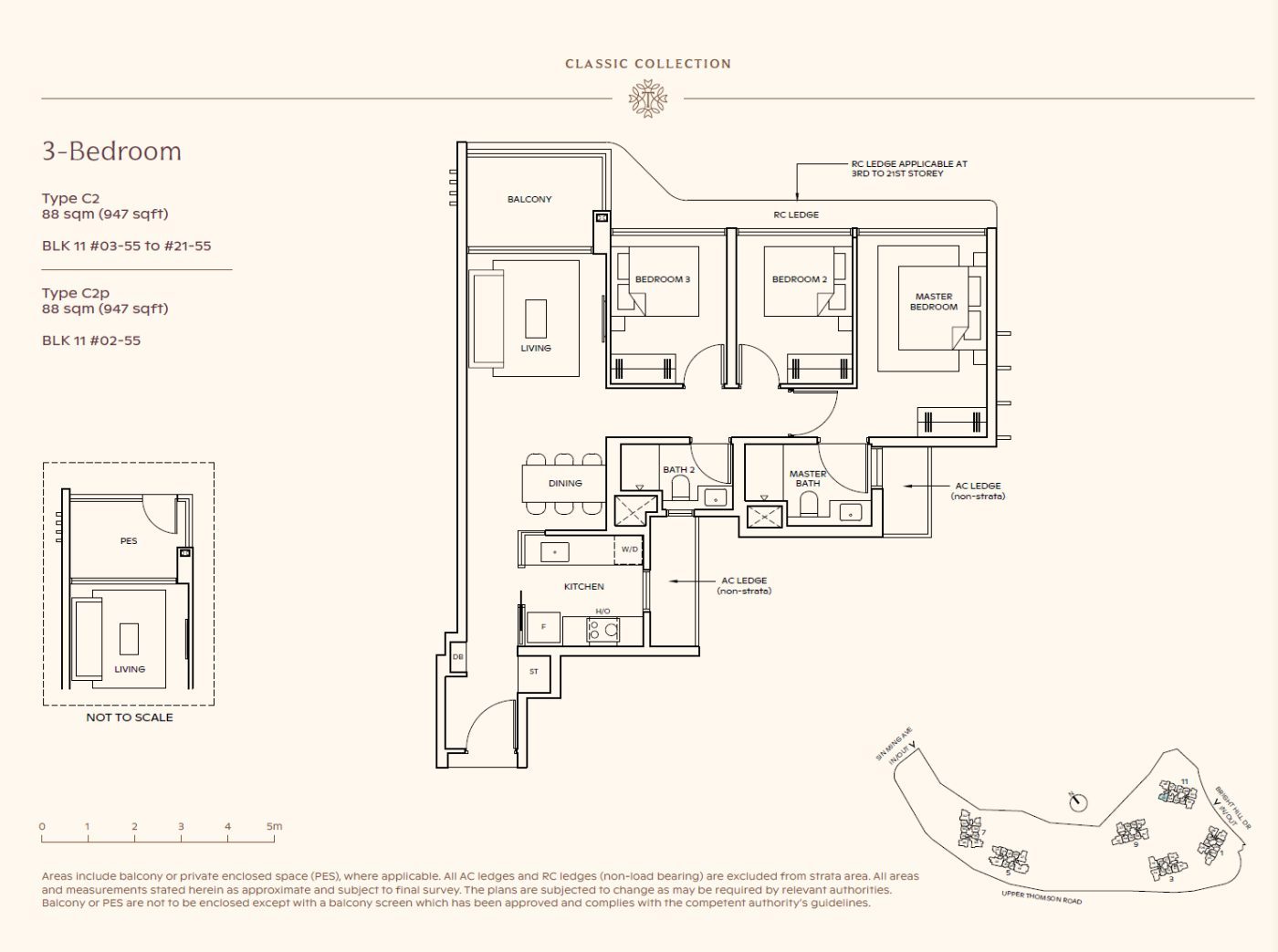 Floor plan, 3 Bedroom Type C2, 947 sq ft